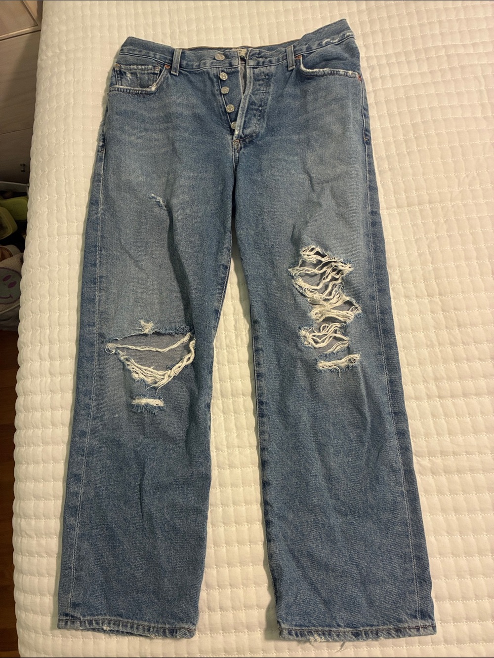 Distressed Button-Fly Straight-Leg Jeans - Light Blue - citizens of humanity